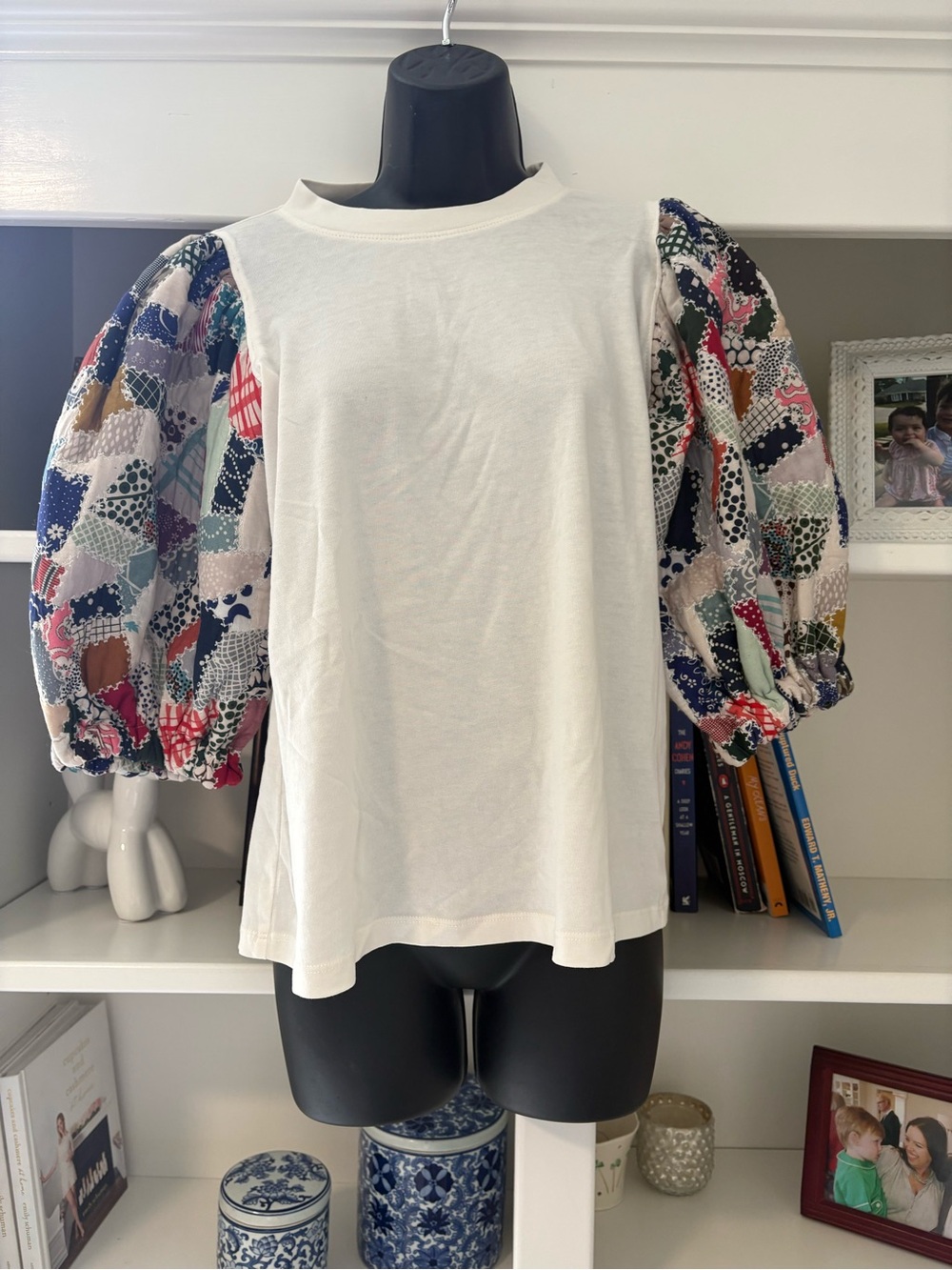 Sea New York White Tee with Multicolor Patchwork Puff Sleeves - Picture 2 of 4